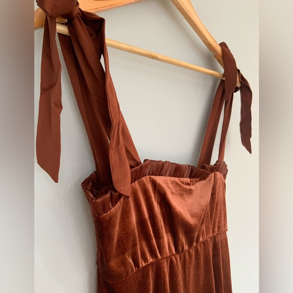 Danielle Bernstein • NWT Copper Velvet Shoulder Tie Mini Dress Ruffle Detail XS - Picture 3 of 10